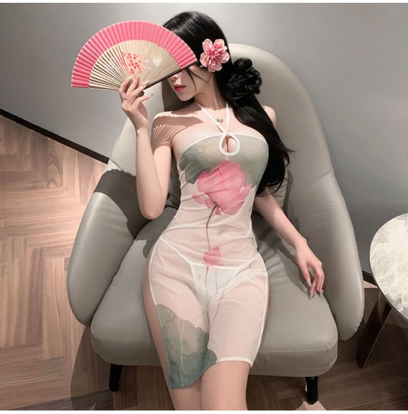 FEE ET MOI - Elegant Lotus Sheer Cheongsam Dress (White) FEE ET MOI - Elegant Lotus Sheer Cheongsam Dress (White)